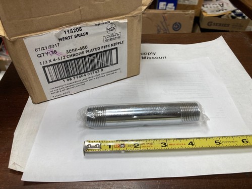 Merit Brass 3008-450, Chrome Plated Red Brass Pipe Nipple, 1/2" NPT x 4-1/2" OAL