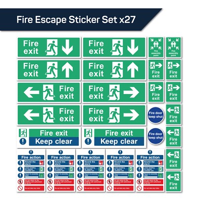 Feuer Flucht Beschilderung Set X 27 Stück stark selbstklebende Vinyl Aufkleber für Sicherheit