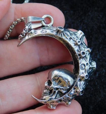 Skull On a Crescent Moon Silver Tone Unisex Necklace 24" Chain Fashion Jewelry