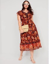 Old Navy Waist Defined Midi Dress Womenâs Size 2X Red Floral New
