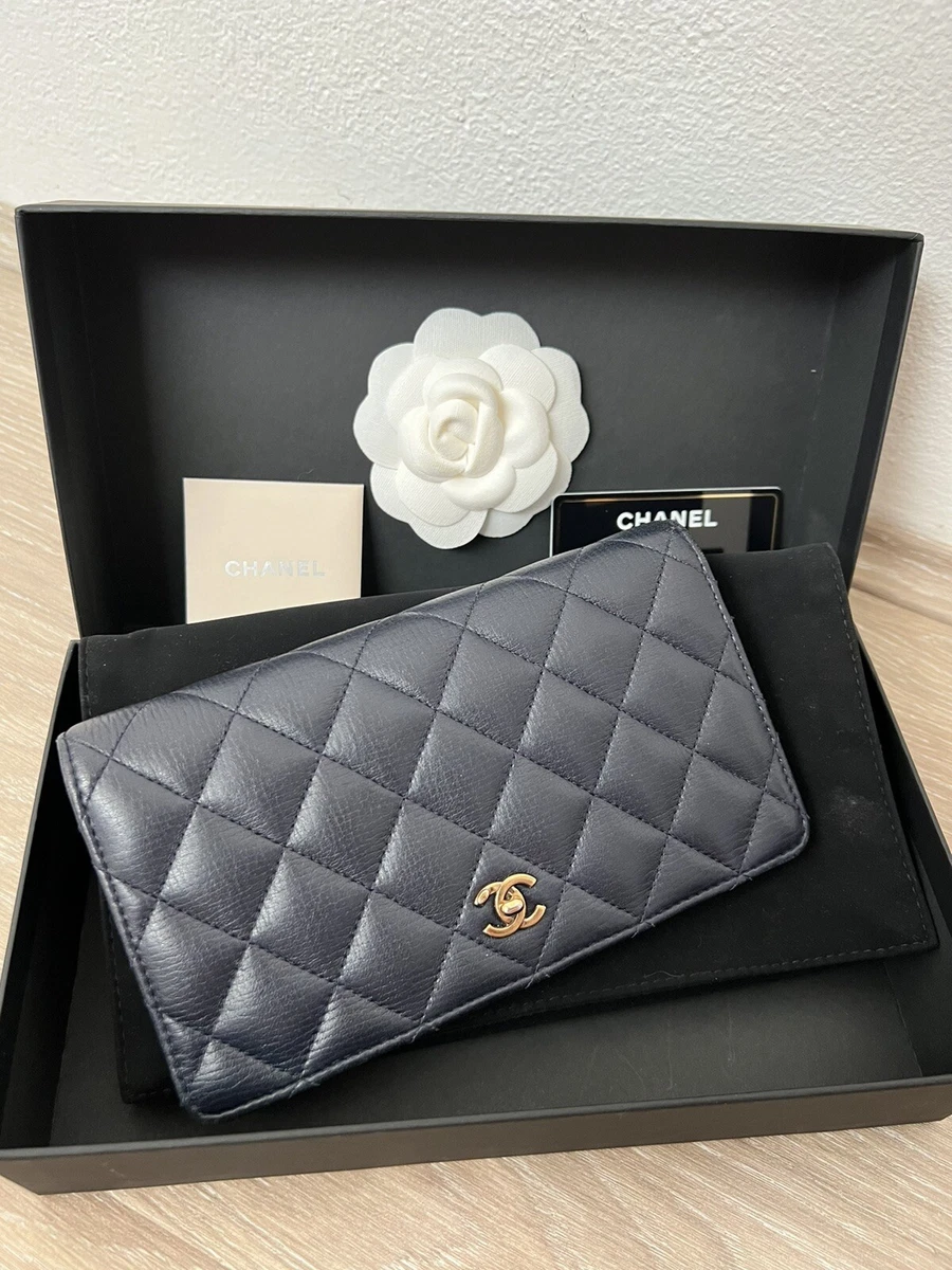 CHANEL Quilted Navy Blue Lambskin Long Flap wallet - Paris bought