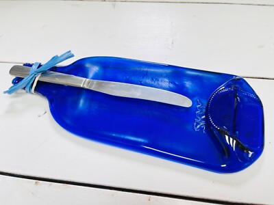 RARE Skyy Vodka Bottle Embossed Cobalt Blue Flattened Serving Tray Platter Set