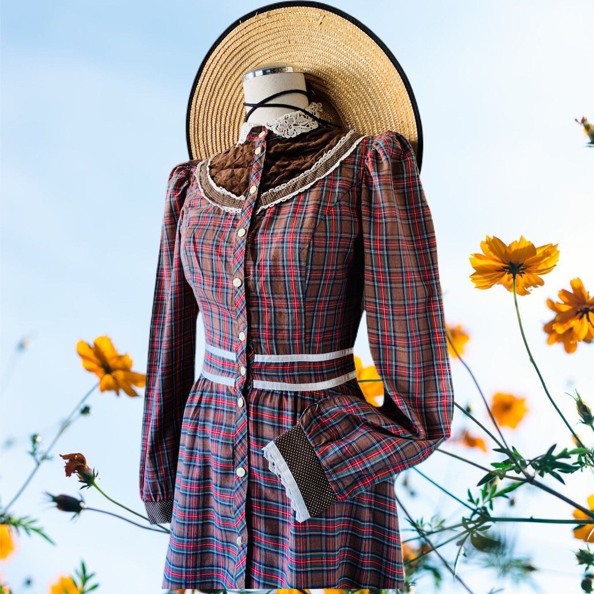 Vtg 70s Brown Plaid Gunne Sax Prairie Cottagecore Midi Dress