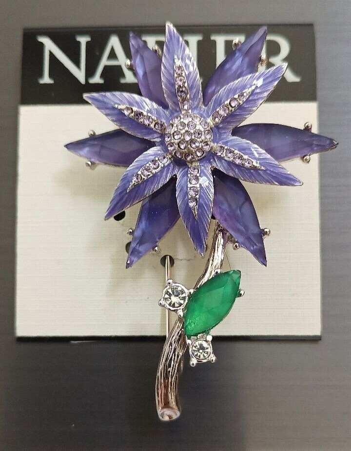 New Napier Silver Tone Crystal Purple Flower Pin