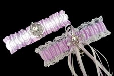 Set of 2 Lavender Purple White Lace Wedding Prom Bridal Garter Belt Rhinestones