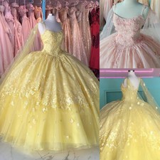 Yellow Quinceanera Dresses Puffy Ball Gown Party Prom 3D Flowers Sweet 16 Dress