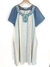 Go Softly Patio MuuMuu House Dress Medium Embroidered Yellow Blue Aztec Western