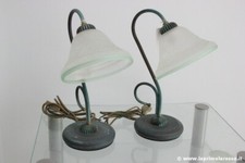 COPPIA  ABAT JOUR  STILE RETRO' LAMPADA VINTAGE LUME  FERRO ANTICATO VERDE VETRO