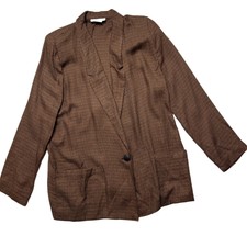 Vintage 80s 90s Womens Brown Blazer Large Notch Collar Rayon Micro Plaid