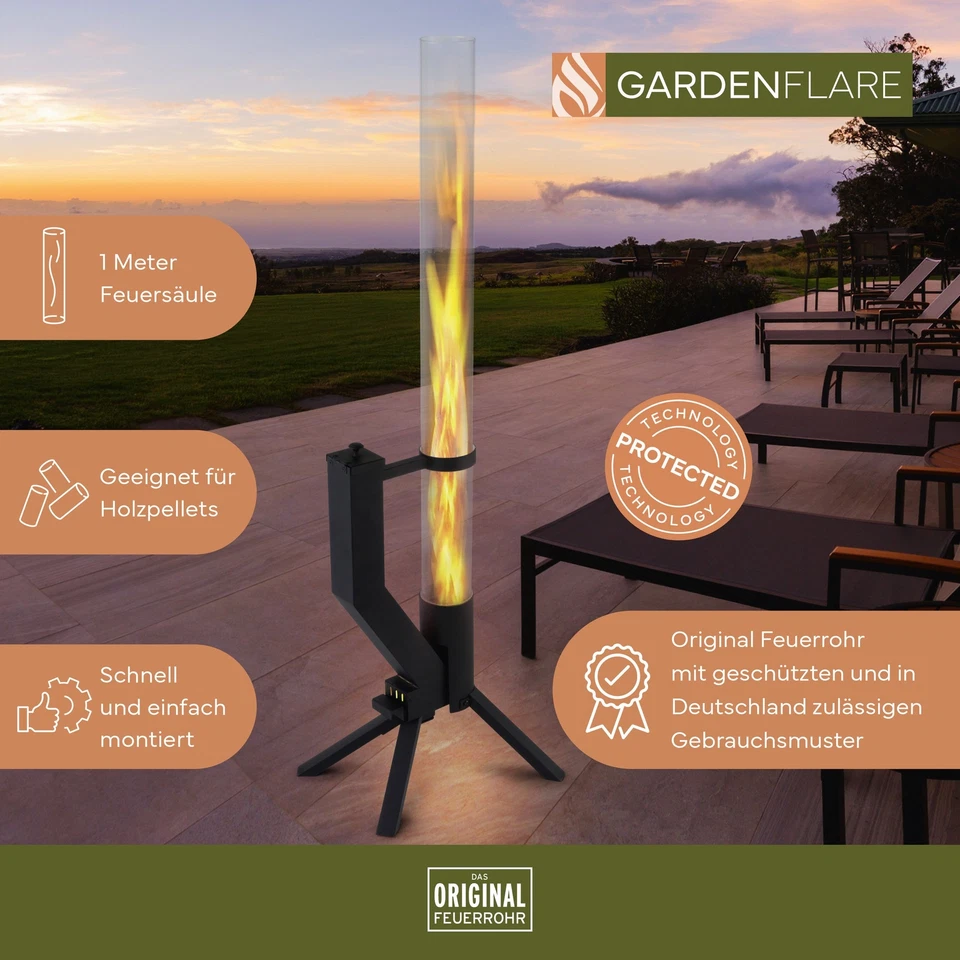 GARDENFLARE tubo de fuego acero inoxidable columna de fuego antorcha de pellets chimenea de jardín negro - Imagen 2 de 4