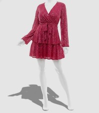 Trixxi Women's Juniors' Pink Sequins Tiered Surplice Self-Tie Mini Dress Size M