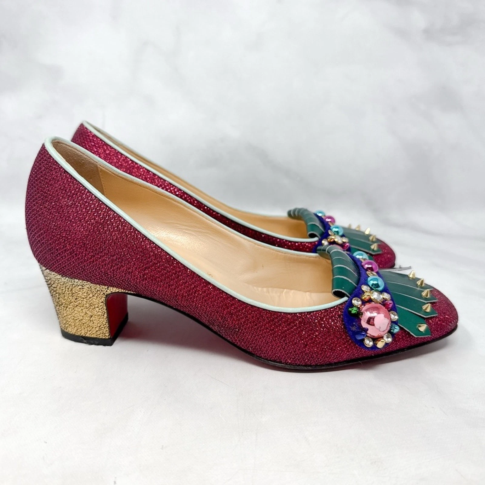 Christian Louboutin — Christian Louboutin Oaxacana 45 Glitter Studded Fringe Heeled Loafer Flat Shoes