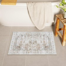 Boho Small Bath Mat, Distressed Farmhouse Light Khaki Bath Rugs, Comfy Velvet