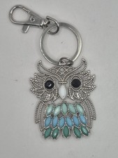 Sparkling Owl Keychain Silver Tone Blue Teal Green Rhinestone Charm Key Ring
