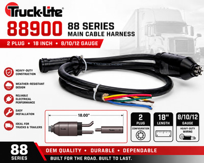 Truck-Lite 88900 88 Series Main Cable Harness 2 Plug 18 In 8/10/12 Gauge NEW