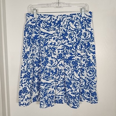 Adrienne Vittadini Womens M Pull On Flared Skirt Stretch Blue White Floral 