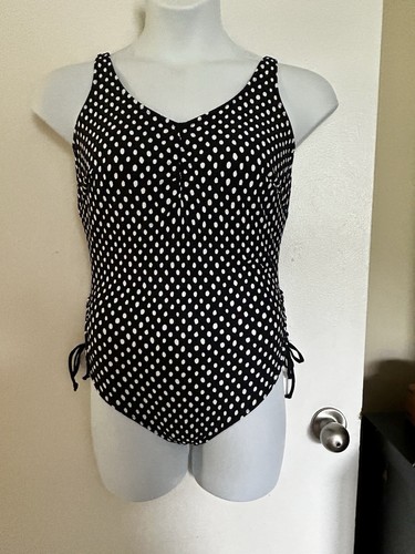 Fantasies Underwire Swimsuit Size 36K White Polka Dot 1 Piece Adjust High Cut