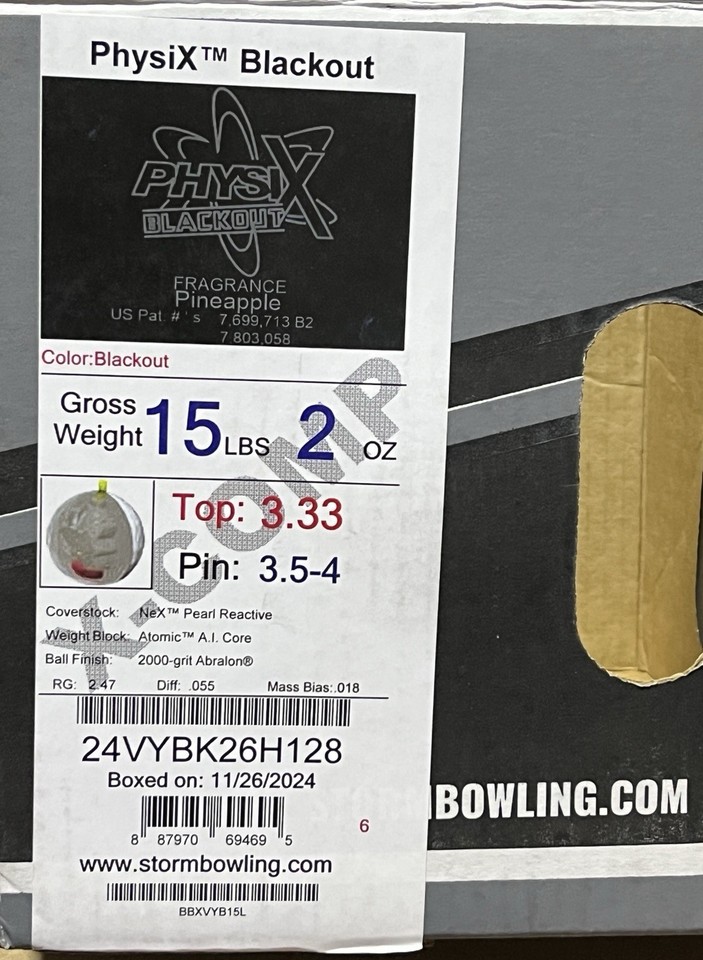 Storm Physix Blackout Pre-Drilled Bowling Ball 15lbs - NeX Pearl Reactive Coverstock