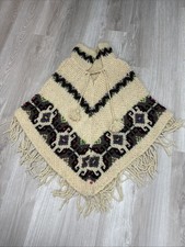 VTG Hand Knitted Wool Tassel Poncho Shawl Wrap Collar Fringe Boho Peasant Gypsy