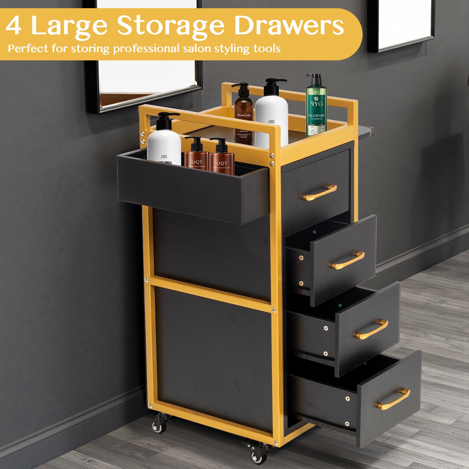 Beauty Salon Trolley Cart, Salon Cabinet with Wheels, 4 Drawer, 4 Tool Holders