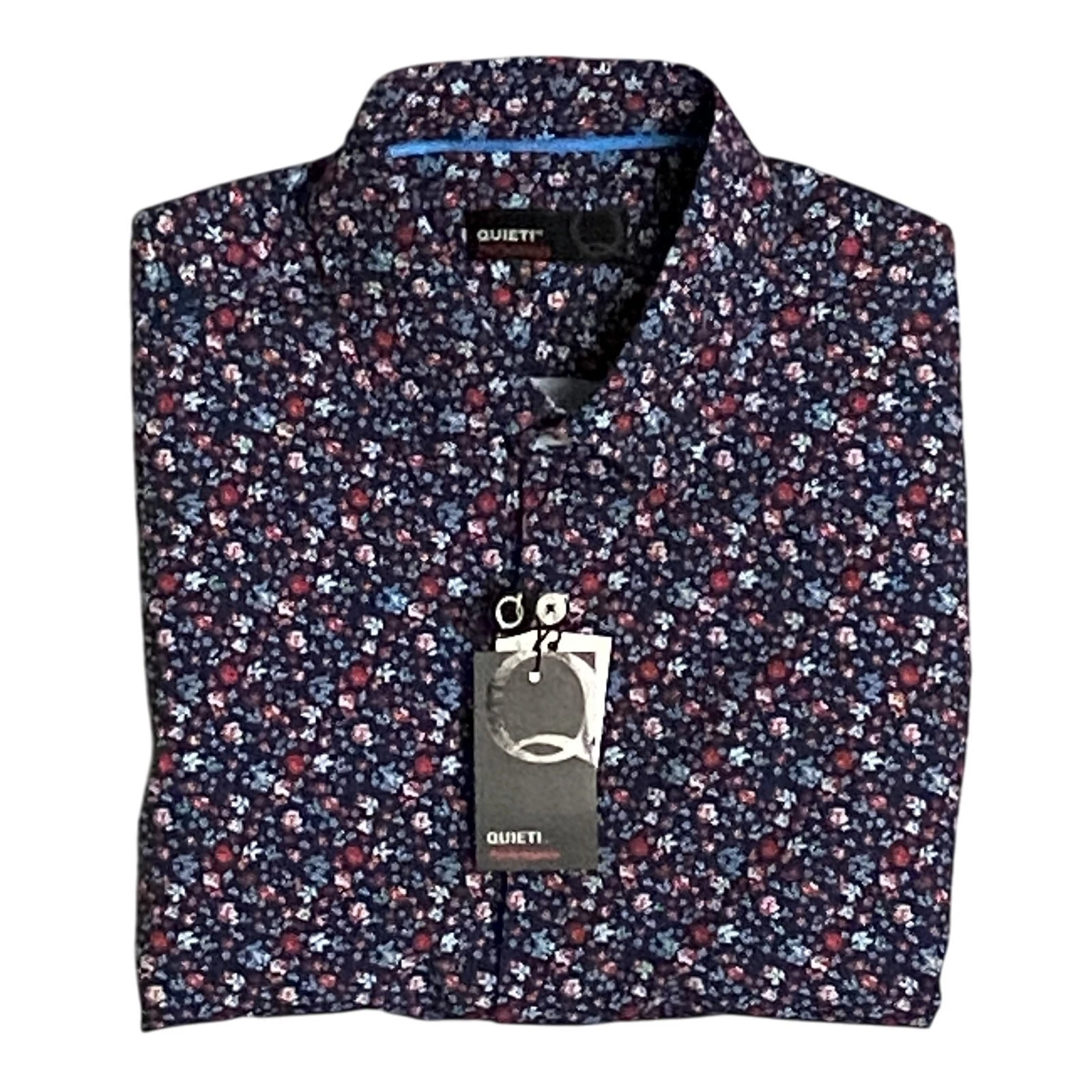 Quieti Performance Men's Shirt Small Short Sleeve Button-Up Navy Blue Floral NEW