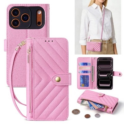 Für iPhone 17 16 15 14 Pro Max Leder Reißverschluss Wallet Case Crossbody Band Cover