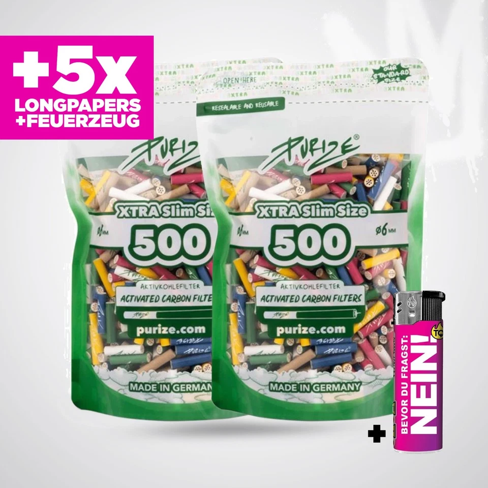 1000 PURIZE XTRA Slim Size Aktivkohlefilter Ø 5,9mm 2x500 Stk. + Papers + Feuer