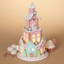13.5-Inch LED Light Up Pastel Artificial Faux Gingerbread House Candy Castle ...