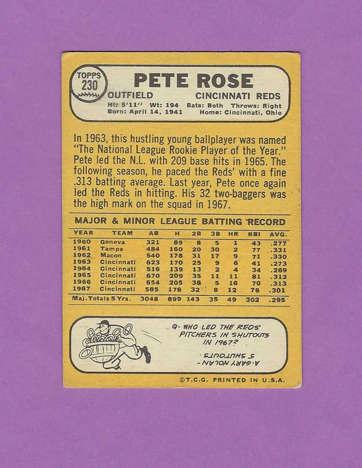 Tarjeta de béisbol 1968 Topps Reds Outfielder Pete Rose #230 Foto 2 de 2