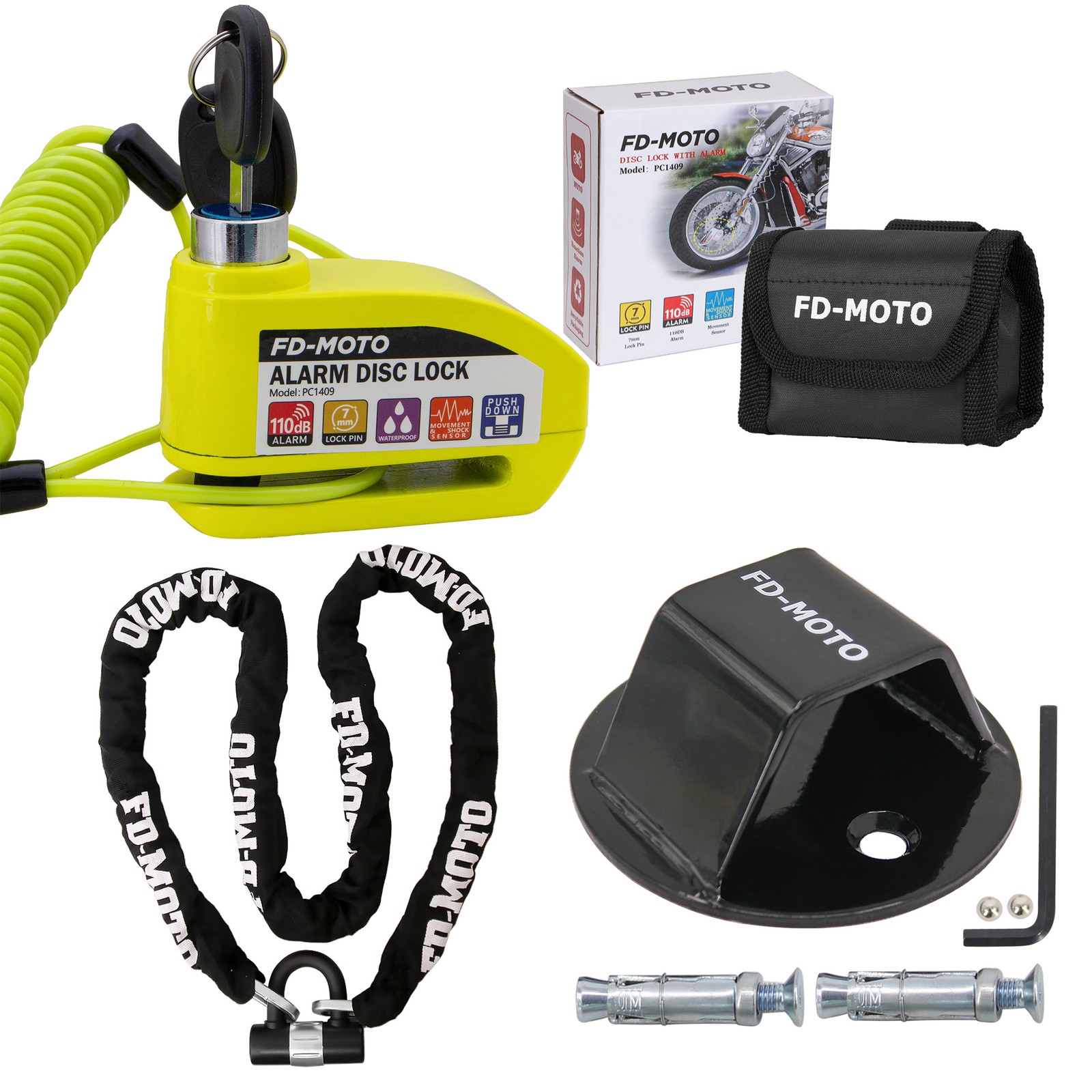 FD-MOTO 2.0M*10mm Chain Lock & Motorbike Ground Lock & UKCA Approved Disc Lock
