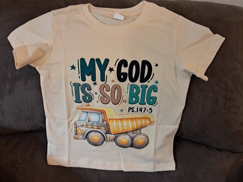 "My God Is So Big", yellow Dump Truck, size 4-5, a very light pretty yellow