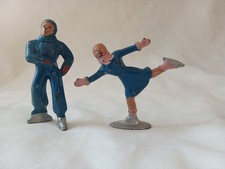 Set 2 Barclay Lead Figurines Boy  Girl Ice Skaters in Blue Snowsuit  Dress