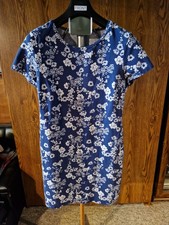 Old Navy L Blue White Floral Knit T-Shirt Dress Short Sleeve Stretch Pullover