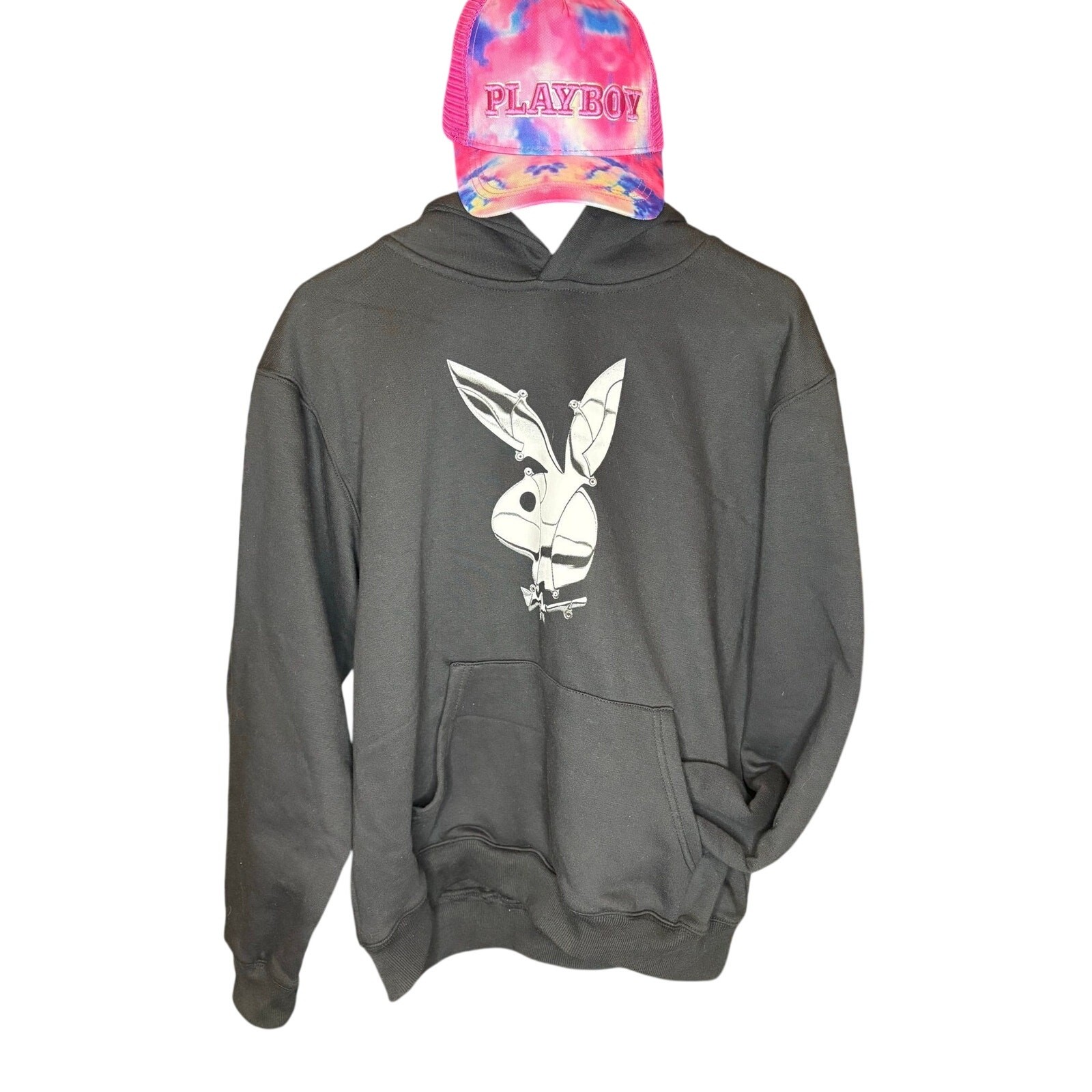 SZ S - Playboy Hoodie (Blk) & OS Trucker Hat (Pnk/Blue) 