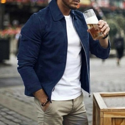 Navy Blue Spread Collar Racer Moto Biker Suede Leather Jacket For Men