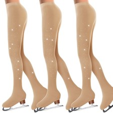 Ramede 3 Pcs Figure Skating Tights Rhinestones Ice Skate Tights Tan Crystal F...