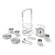 Melissa Doug Stainless Steel Pretend Play Tea Set and Storage Rack for Kids...