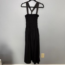 ZARA topstitched smocked cotton poplin midi dress in black size M Medium Womens