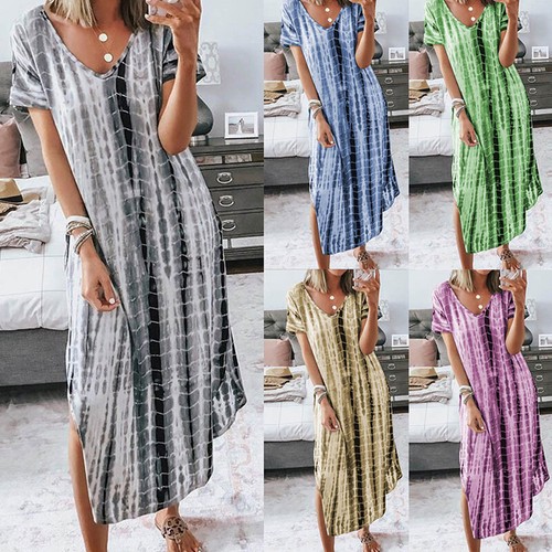 Womens Tie Dye V-Neck Maxi Dress Ladies 