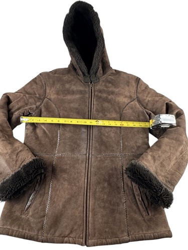 Wilson’s Leather Jacket Women’s Large Brown Sherpa Lined Hooded Coat Faux Fur - Picture 3 of 17