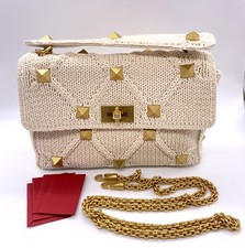 Valentino Garavani Roman Stud Large Shoulder Bag Ivory Knit and Gold