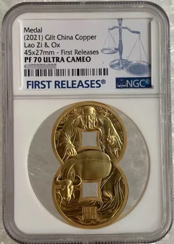 NGC PF70 2021 Gilt China Lao Zi & Ox  45*27mm copper medal