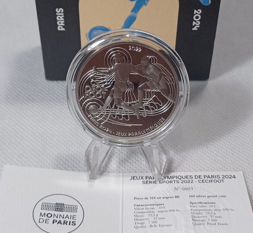 2022 FRANCE €10, SILVER .999 PROOF; PARIS 2024 OLYMPICS, BLIND FOOTBALL 'SOCCER' - Picture 8 of 9