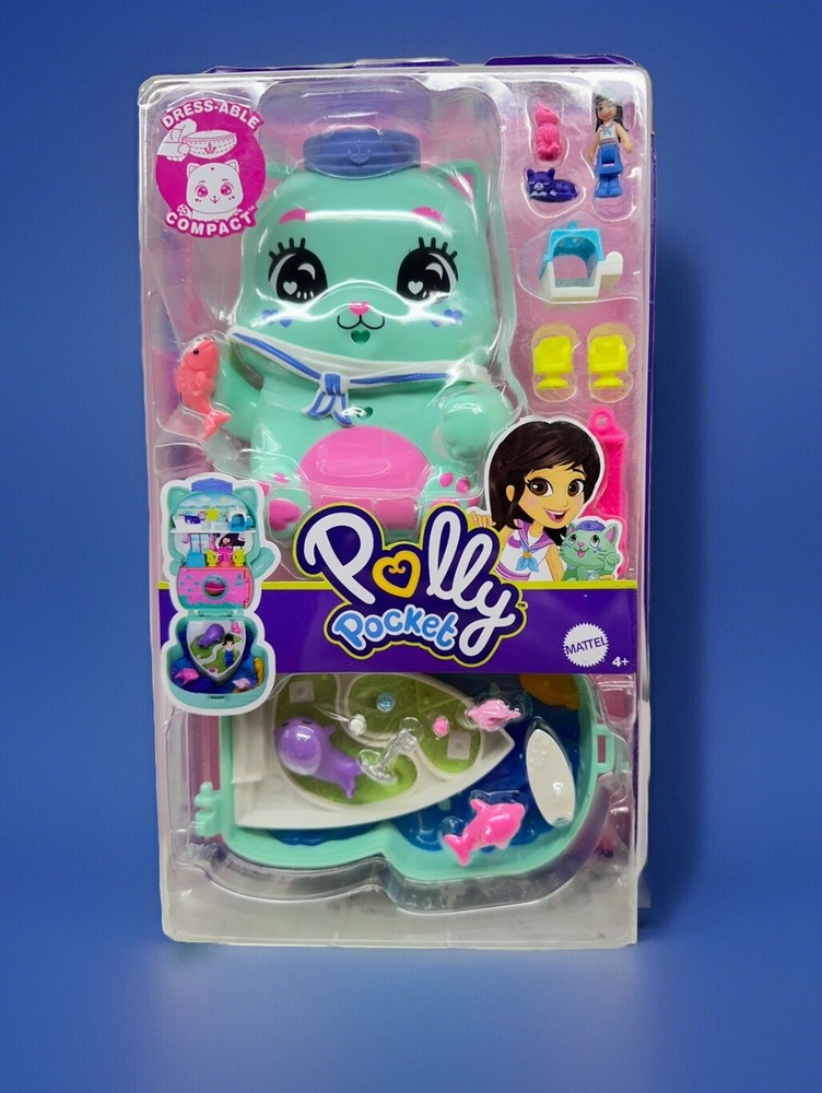 Mattel Polly Pocket Set Sail Kitty Cat Dress-able  Compact Travel Toy New