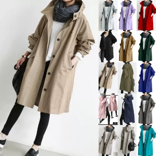 Womens Oversized Hooded Trench Coats Outdoor Pockets Wind Forest Jackets Outwear