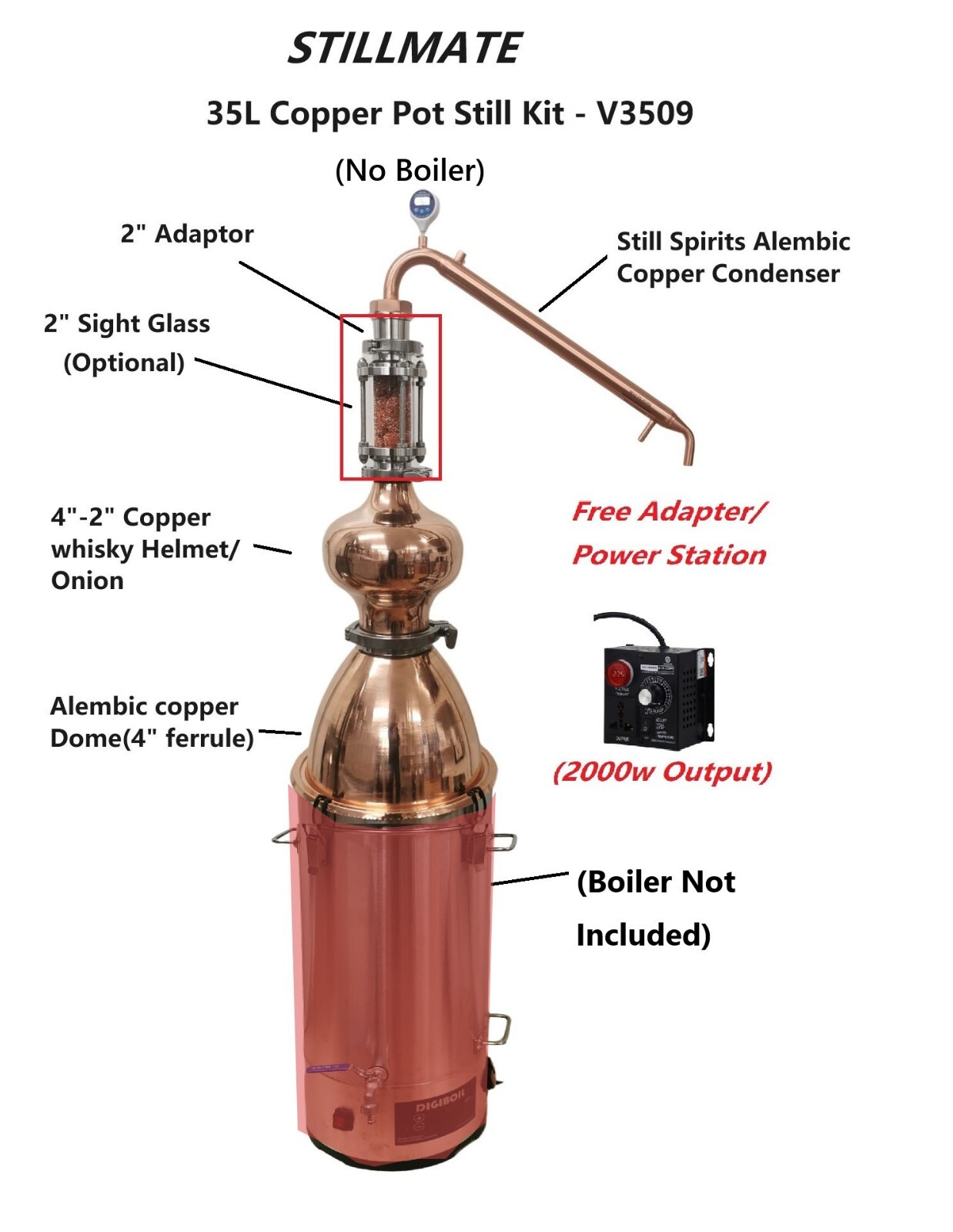 35L Copper Pot still Condenser Kit V3509 With/Without Sight Glass No Boiler
