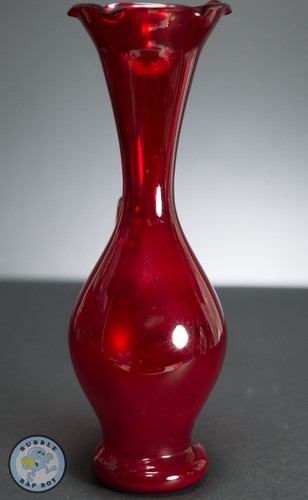 BUD VASE HAND BLOWN ART GLASS RUBY RED FLARED NECK SWAN HANDLE 8" - Picture 3 of 7