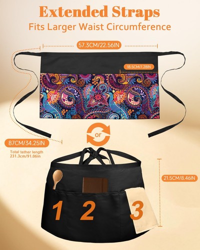 Reversible Server Apron with 6 Pockets - Waist Apron for Waitress Women Half ... - Picture 2 of 6