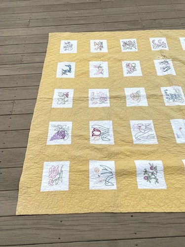 Colcha antigua acolchada a mano bordada flores edredón amarillo - Imagen 3 de 7