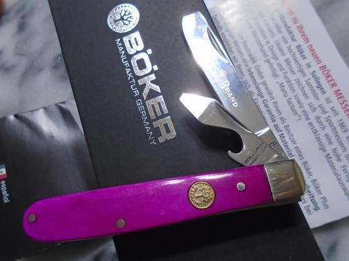 Boker Tree Brand Germany Razor Jack Pocket Knife Purple Bone 110716 Cap Lifter - Picture 5 of 11